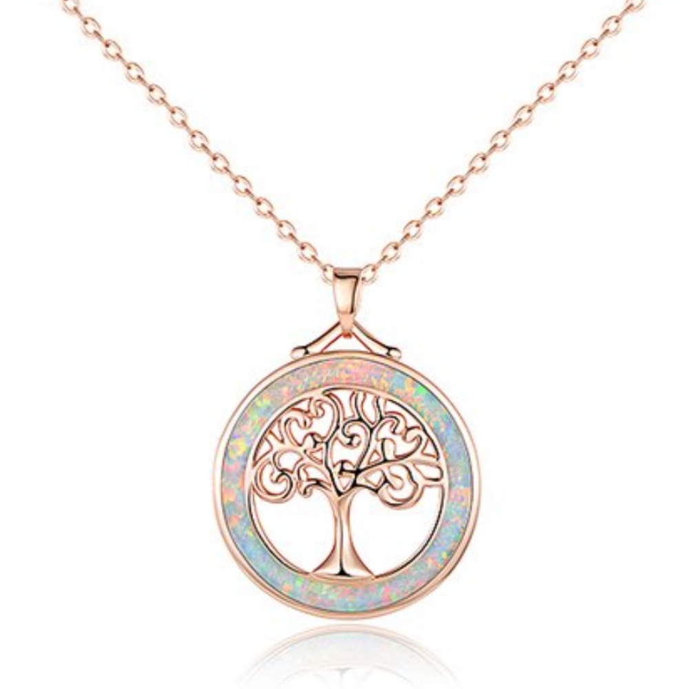 Opal/18K Rose Gold Plated Tree of Life Necklace